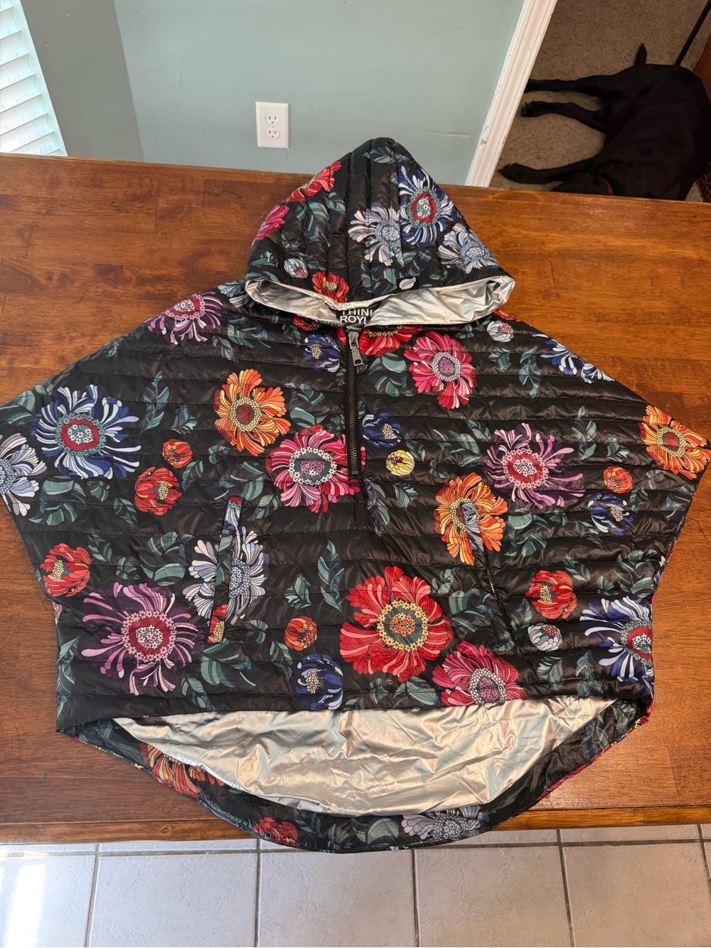 Think Royln The Heroine Quilted Puffer Poncho Jacket Floral Silver Lining M/L